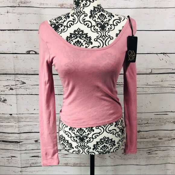 Chaser Cropped Wide Neck Long Sleeve Cotton T-Shirt Stretchy Fitted Pink XS - Picture 1 of 7